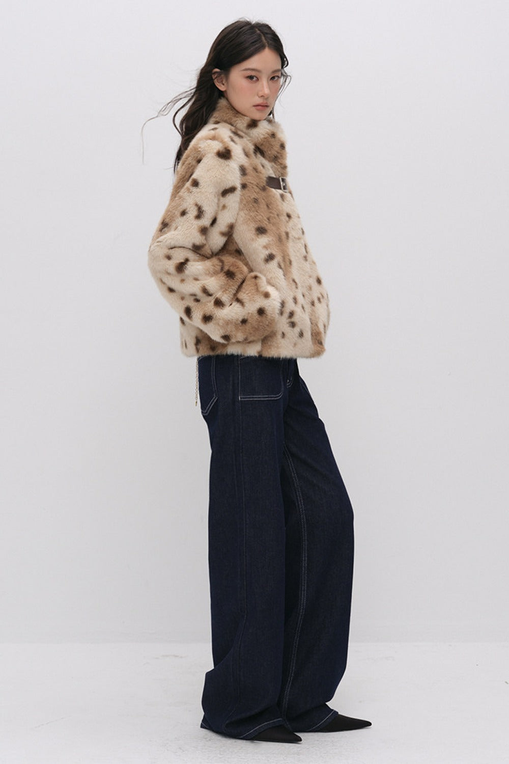 Cheetah Print Buckle Stand Collar Coat