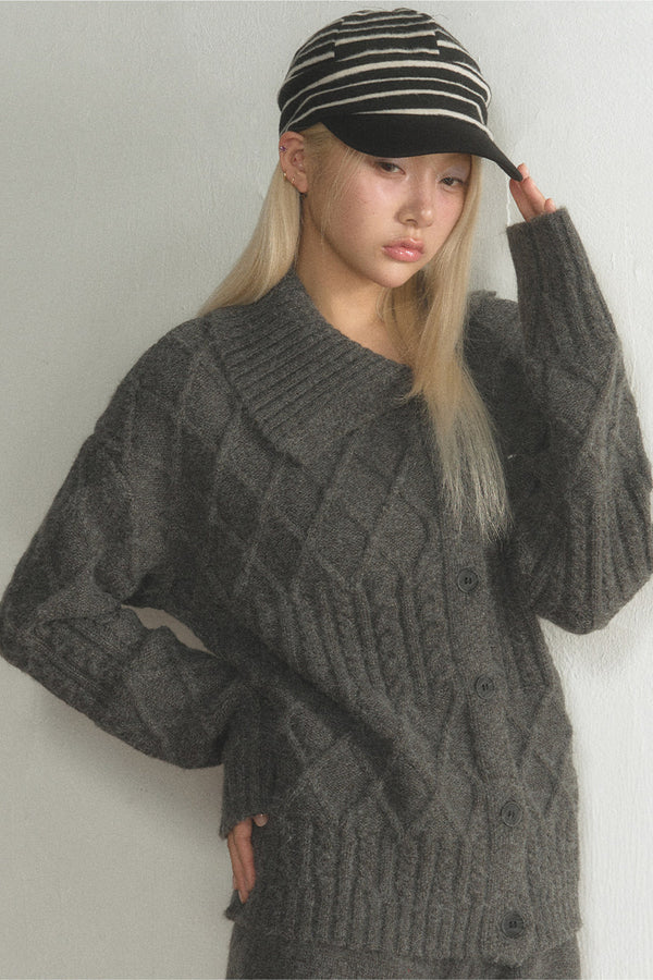 Grey Argyle Knit Cardigan and Shorts Set-Up