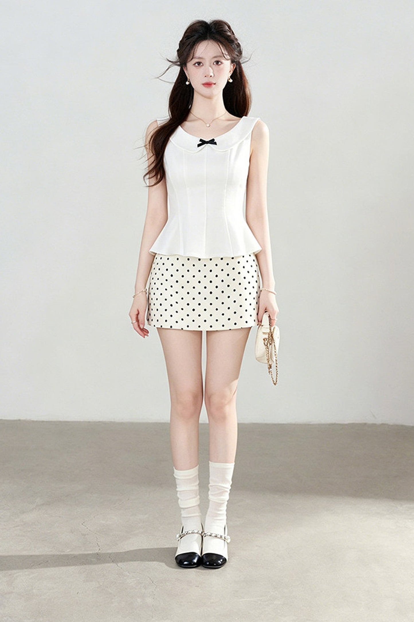 White Sleeveless Shirt and Polka Dot Skirt Set-Up
