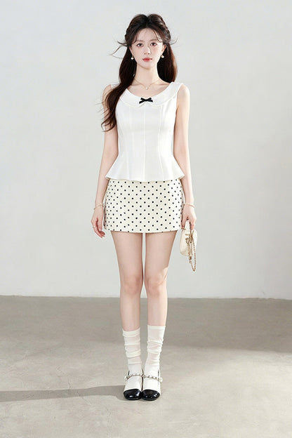 White Sleeveless Shirt and Polka Dot Skirt Set-Up
