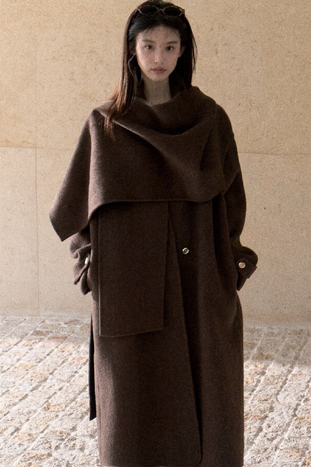 Double-Sided Wool Scarf Collar Coat