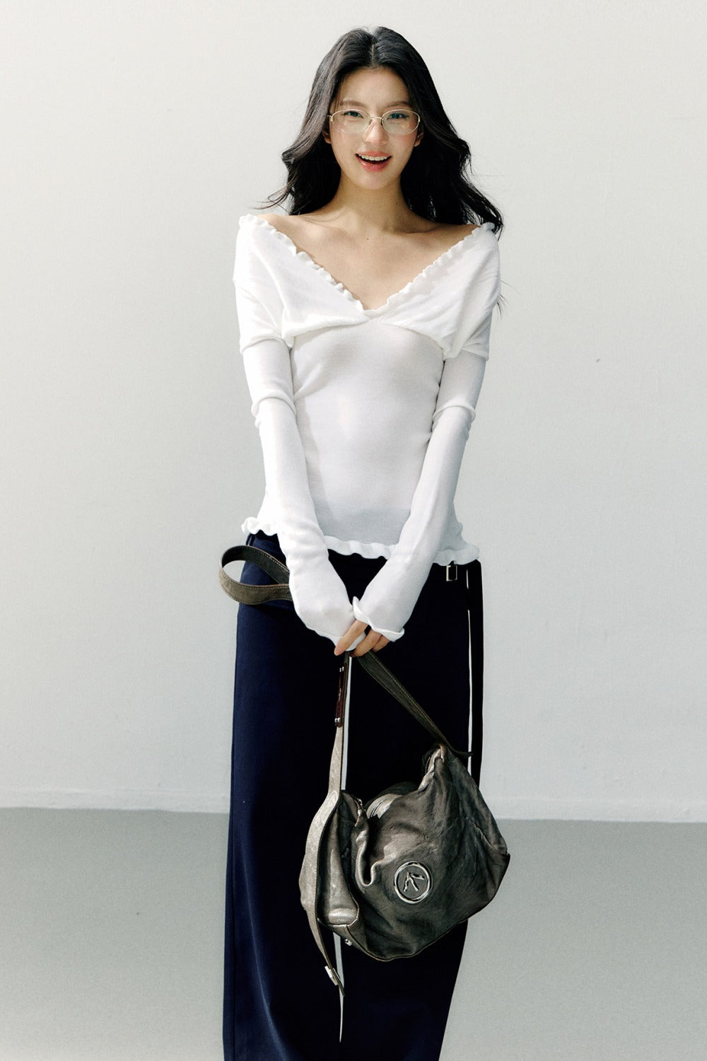 Ruffle-Trimmed Off-Shoulder Knit Top