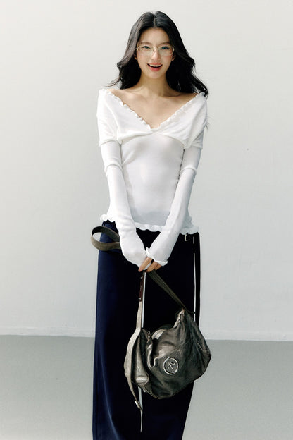 Ruffle-Trimmed Off-Shoulder Knit Top