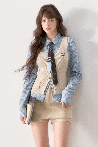 Blue Shirt and Knit Vest Skirt Set-Up