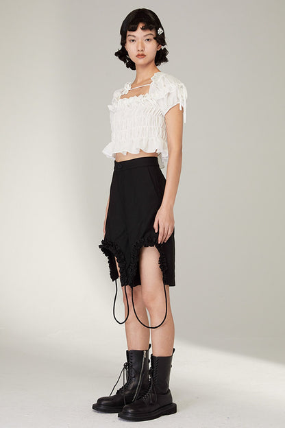 French-Style Black Ruffled Smocked Blouse