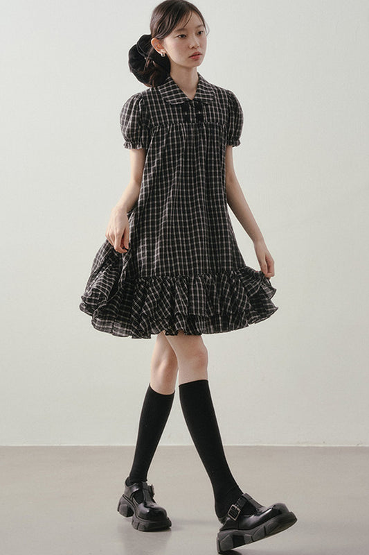 Plaid Doll Collar Puff Sleeve Ruffle Dress