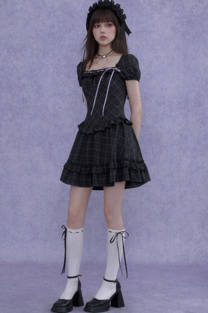 Rose Plaid Lolita Square Neck Dress
