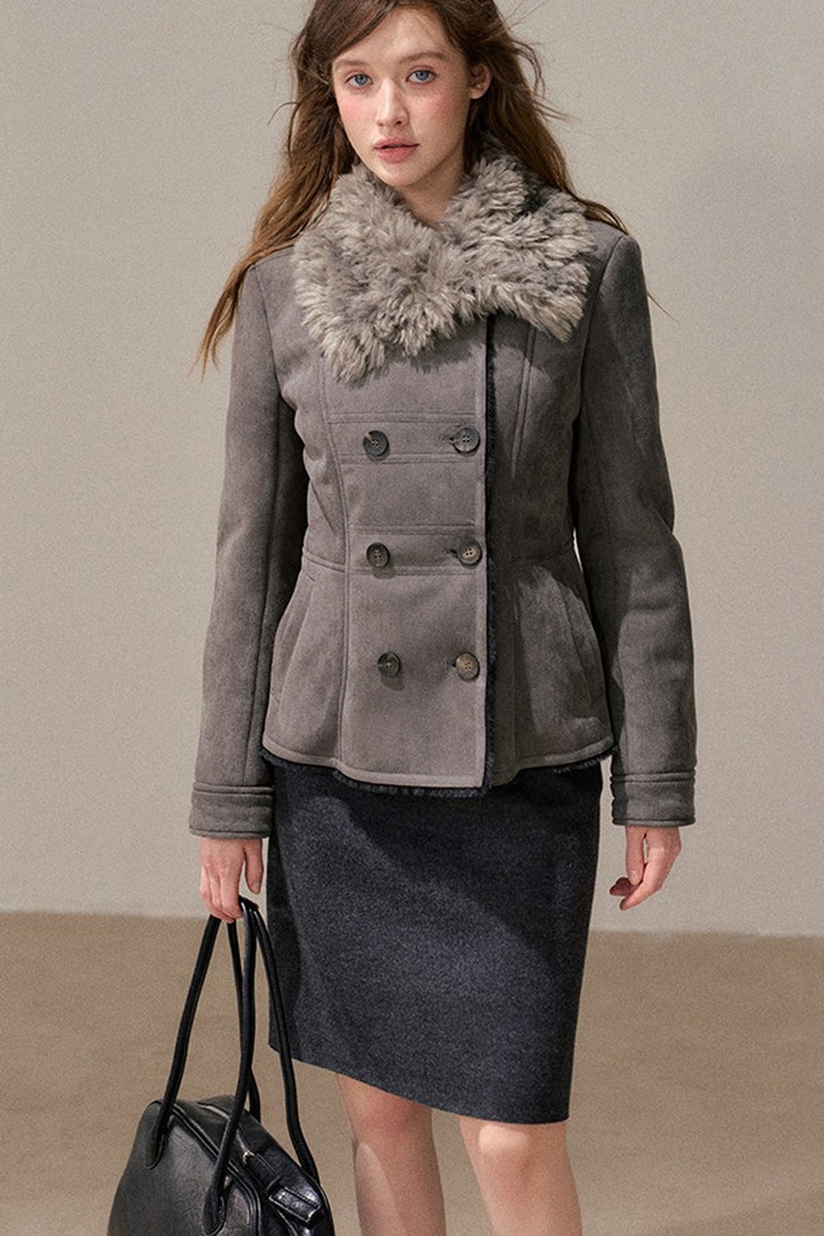 Double-Breasted Fur Collar Jacket