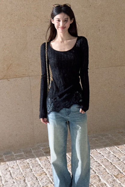 Jacquard Spliced Lace Knit Top