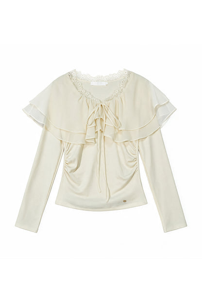 Lace Trim Ruffle Collar Long Sleeve Tee