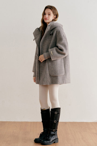 Hooded Horn Button Wool Coat