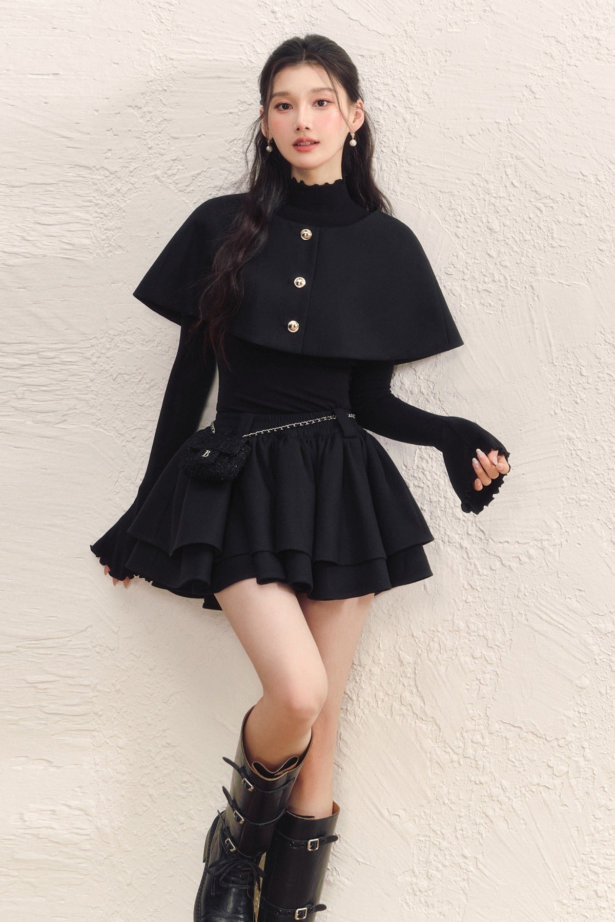 Black Long-Sleeve Base Shirt and Knitted Skirt Set-Up