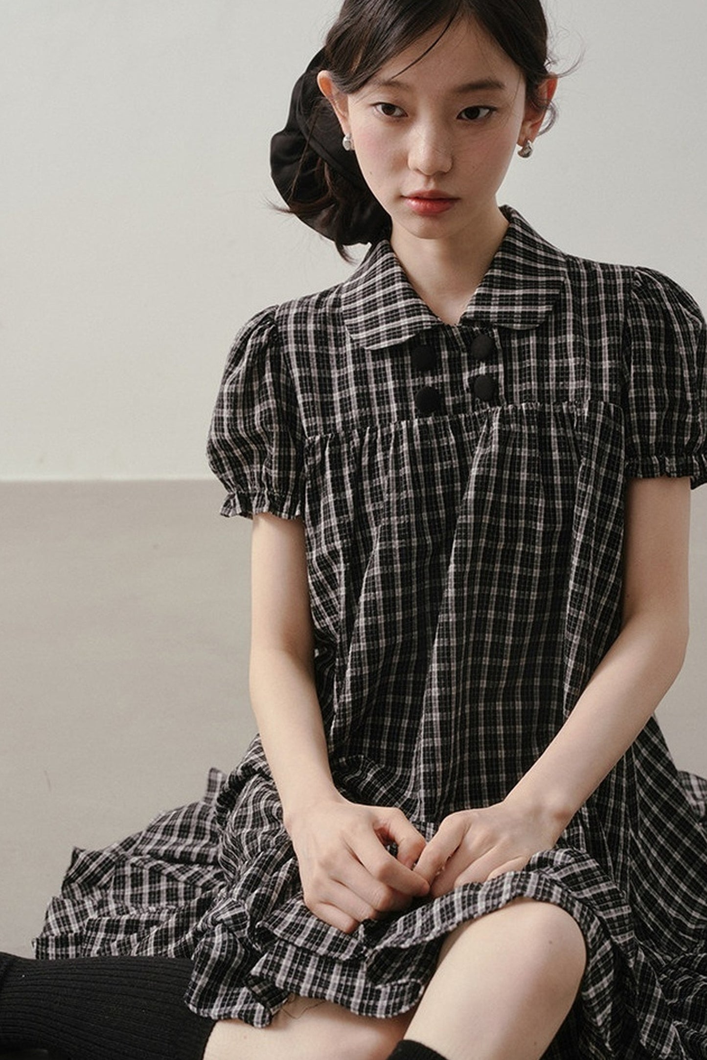 Plaid Doll Collar Puff Sleeve Ruffle Dress