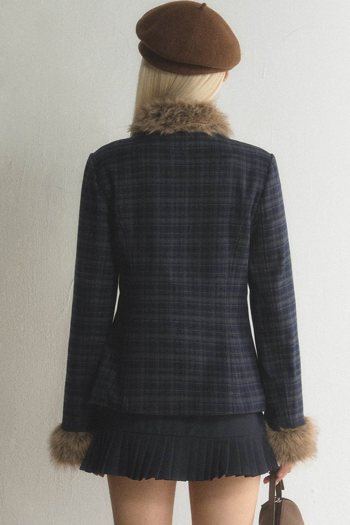 Plaid Woolen Jacket and Skirt Set-Up