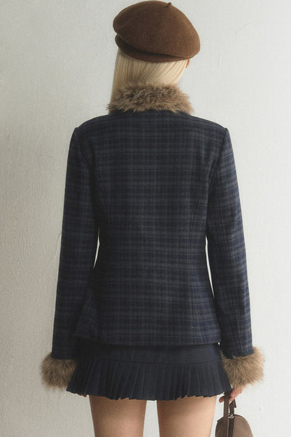 Plaid Woolen Jacket and Skirt Set-Up