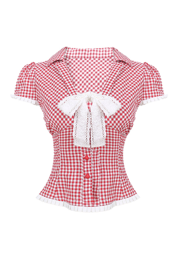 Red White Plaid Bow Short Sleeve Blouse