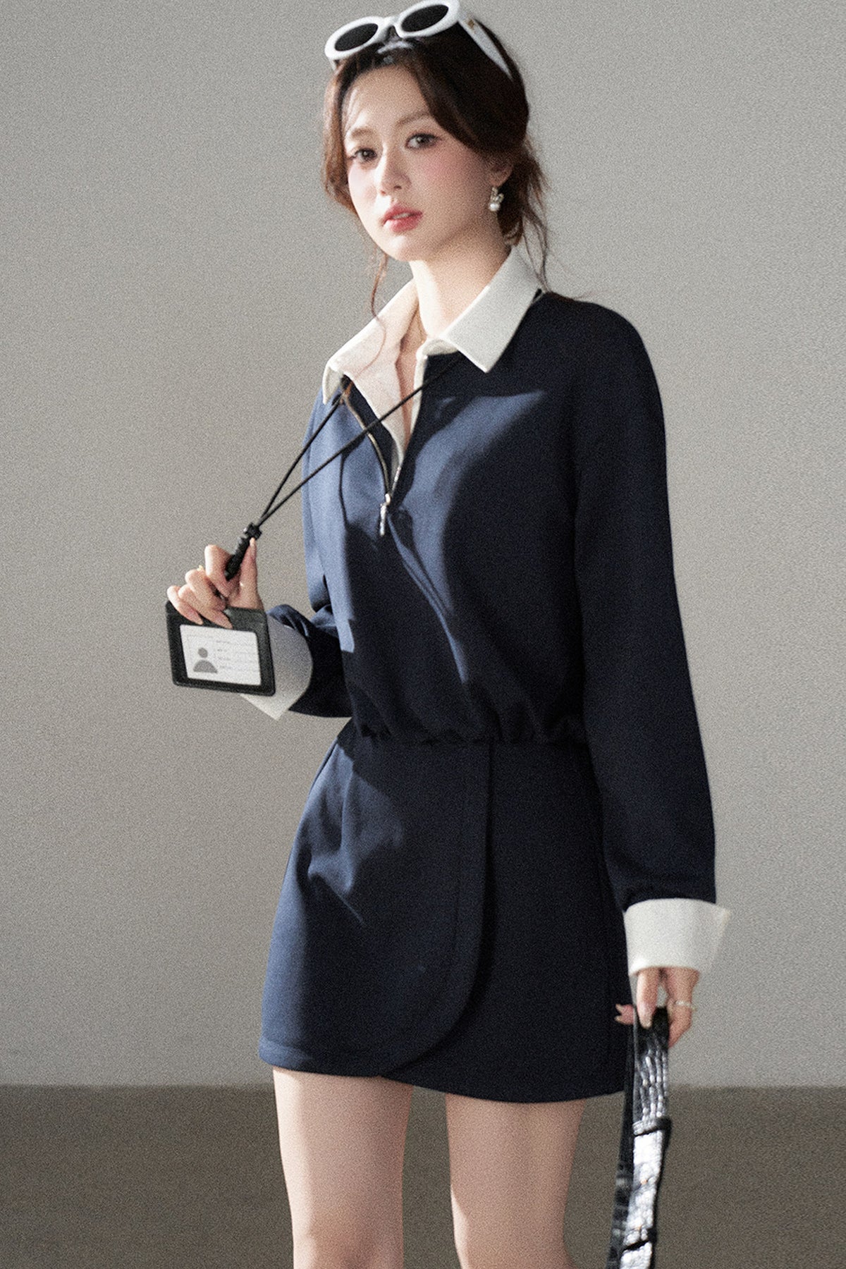 Layered-Look Polo Collar Sweatshirt Dress