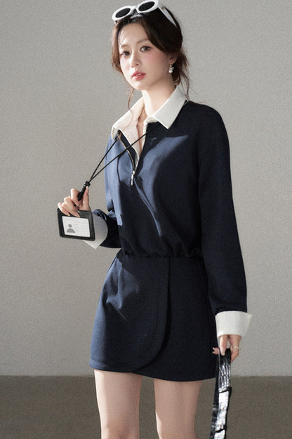 Layered-Look Polo Collar Sweatshirt Dress