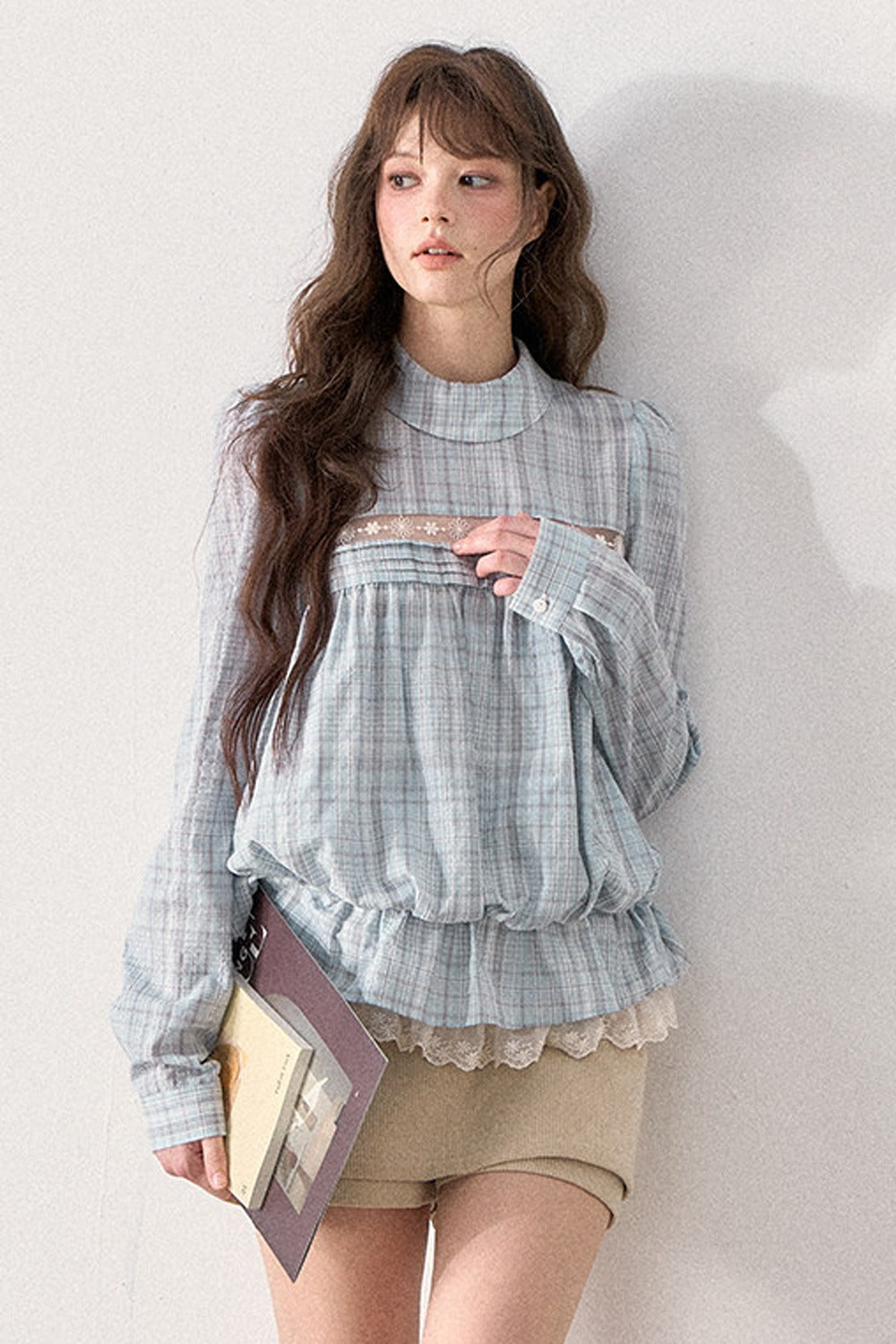 Mint Plaid Lace Blouse