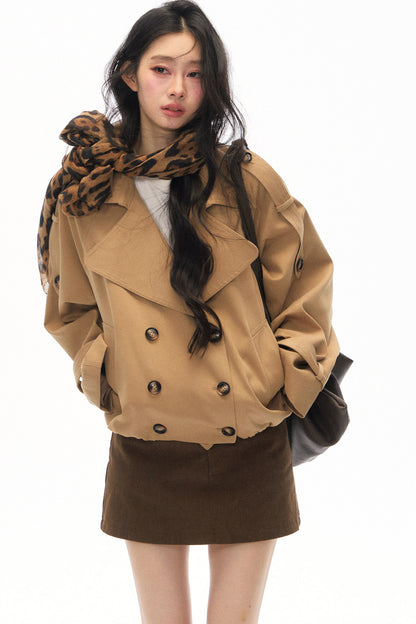 Khaki Double-Breasted Trench Coat and Skirt Set-Up