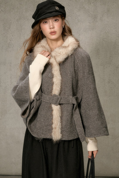Floral Fur Collar Woolen Cape