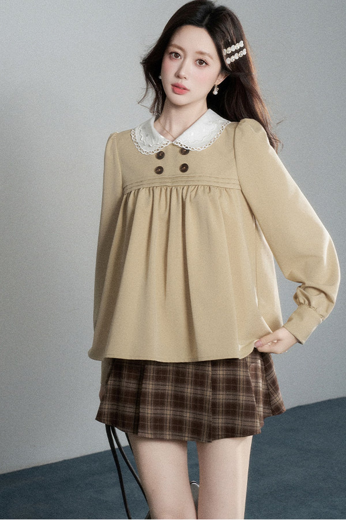 Khaki Doll Collar Pullover Shirt and Skirt Set-Up