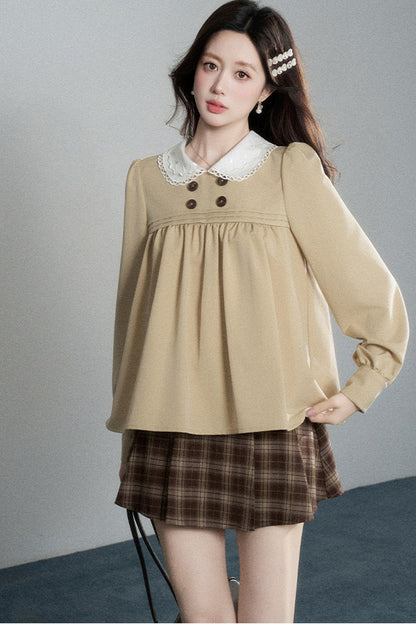 Khaki Doll Collar Pullover Shirt and Skirt Set-Up