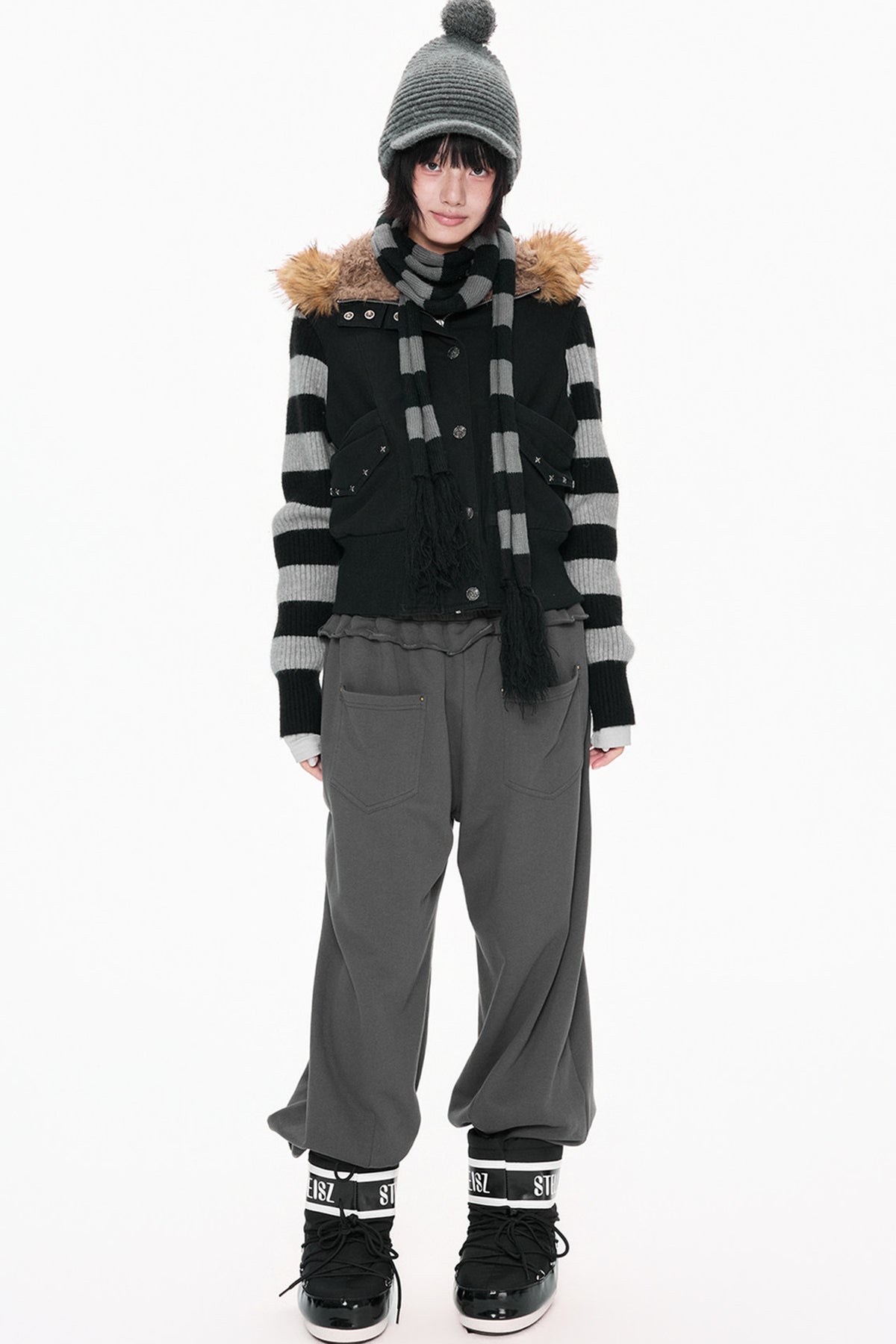 Fur Collar Hooded Striped Jacket