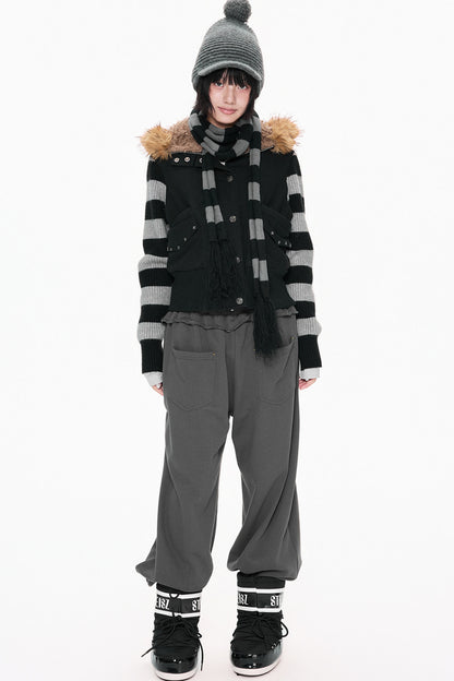 Fur Collar Hooded Striped Jacket