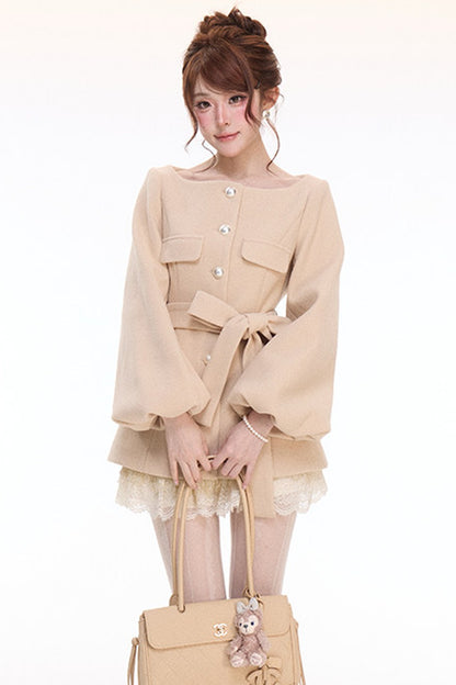 Lantern Sleeve Wool Coat & Lace Tiered Skirt Set-Up