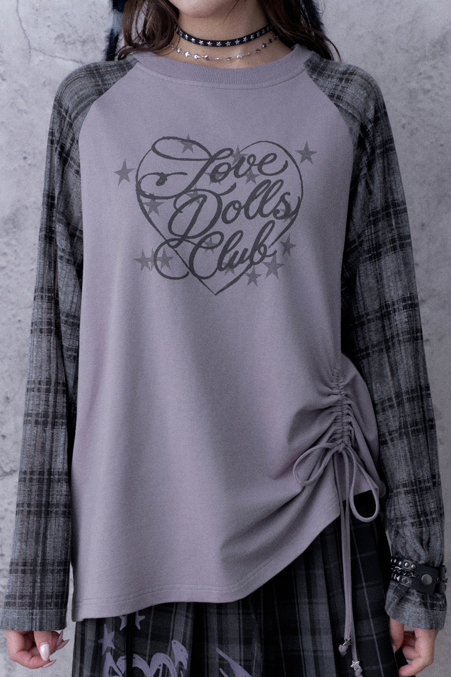 Gray-Purple Raglan Sleeve Printed Drawstring T-Shirt and Plaid Skirt Set