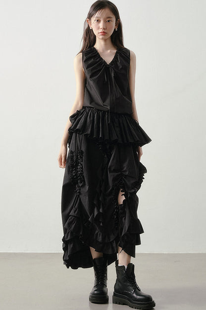 Pleated Ruffle Hem Sleeveless Top