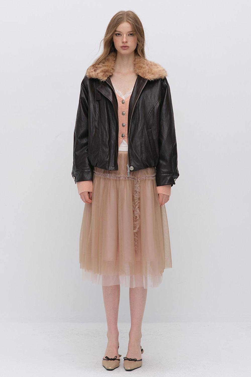 Textured Leopard Fur Collar PU Jacket
