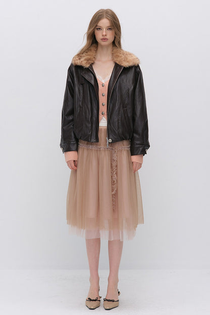 Textured Leopard Fur Collar PU Jacket