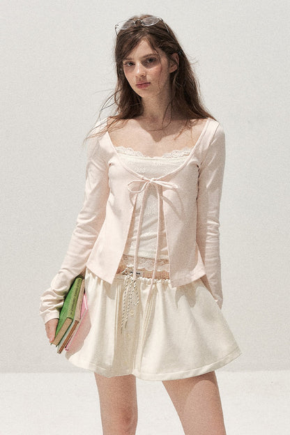Lace Spliced Tie-Up Long Sleeve Top