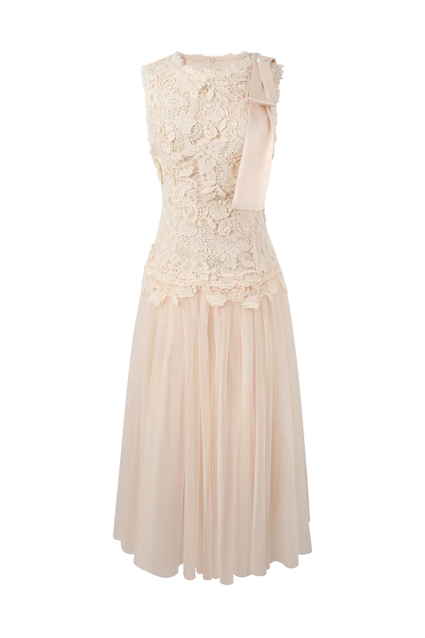 Lace Sleeveless Waist-Cinching Tulle Dress