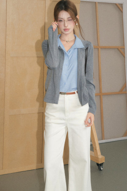 Grey Wool Cardigan and White Trousers Set-Up