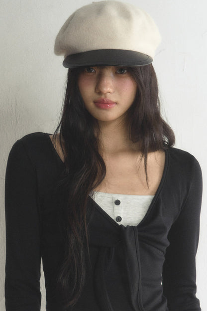 V-Neck Bow Contrast Long-Sleeve Top and Pants Set-Up
