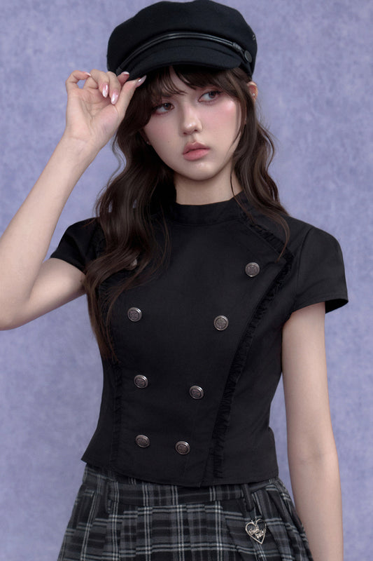 Black Double-Breasted Stand Collar Shirt
