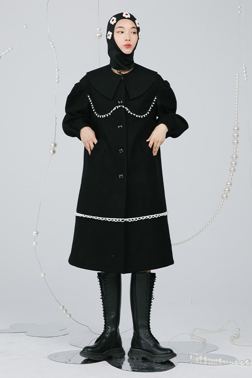 Black Pearl Lace Wool Coat