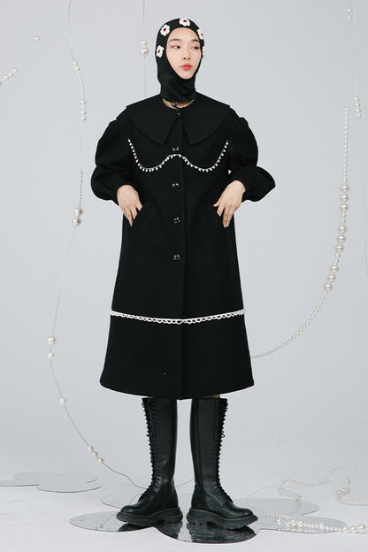 Black Pearl Lace Wool Coat