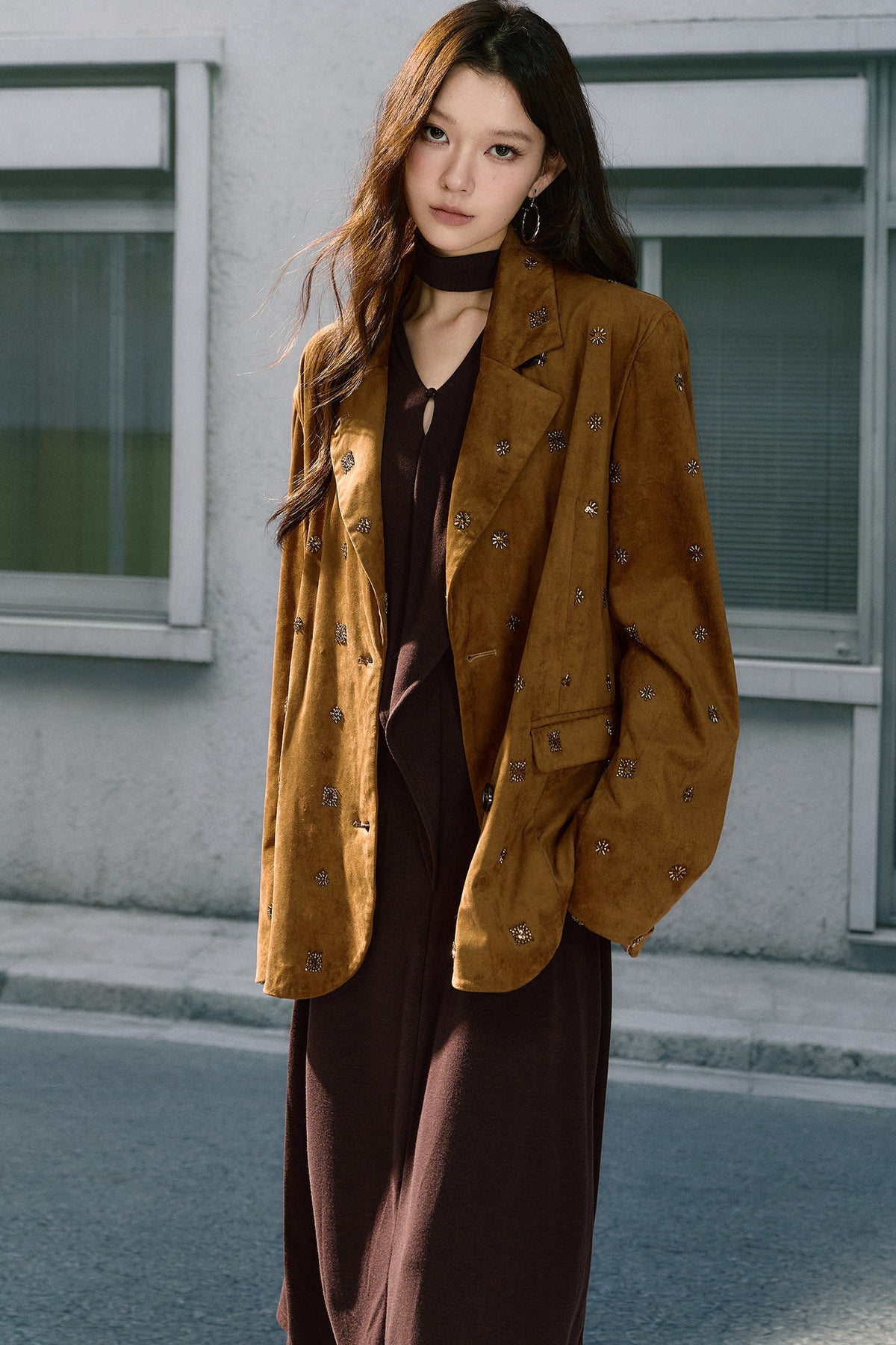 Beaded Suede Detachable Fur Collar Jacket