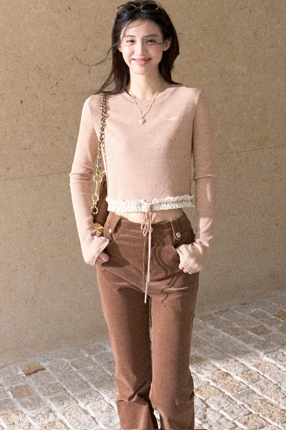 Lace Knit Long-Sleeve Top and Drape Velvet Straight-Leg Pants Set-Up