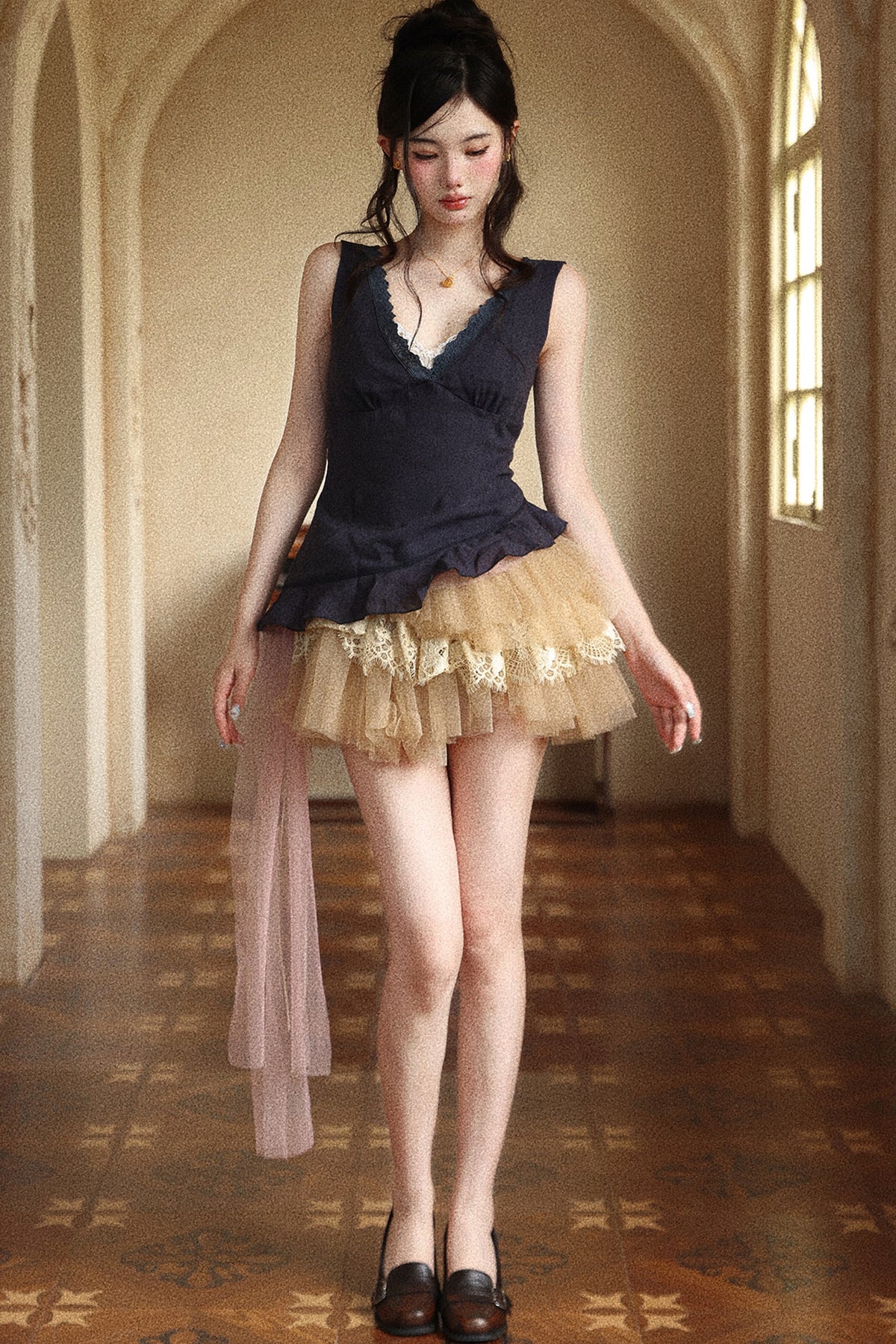 Navy Blue Lace V-Neck Ruffle Hem Camisole Set-Up