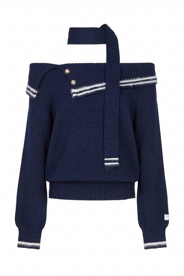 Red One-Shoulder Knitted Sweater Set-Up