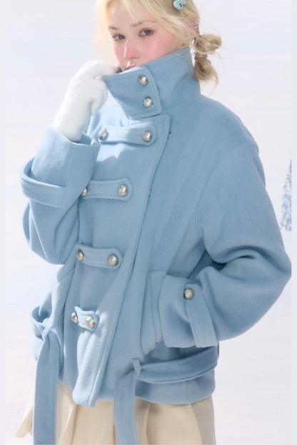 Light Blue Plush Stand Collar Coat