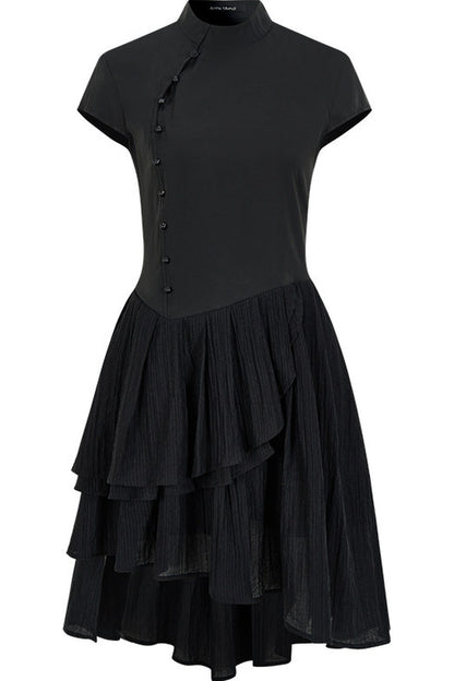 Diagonal Placket Pearl Button Irregular Hem Dress