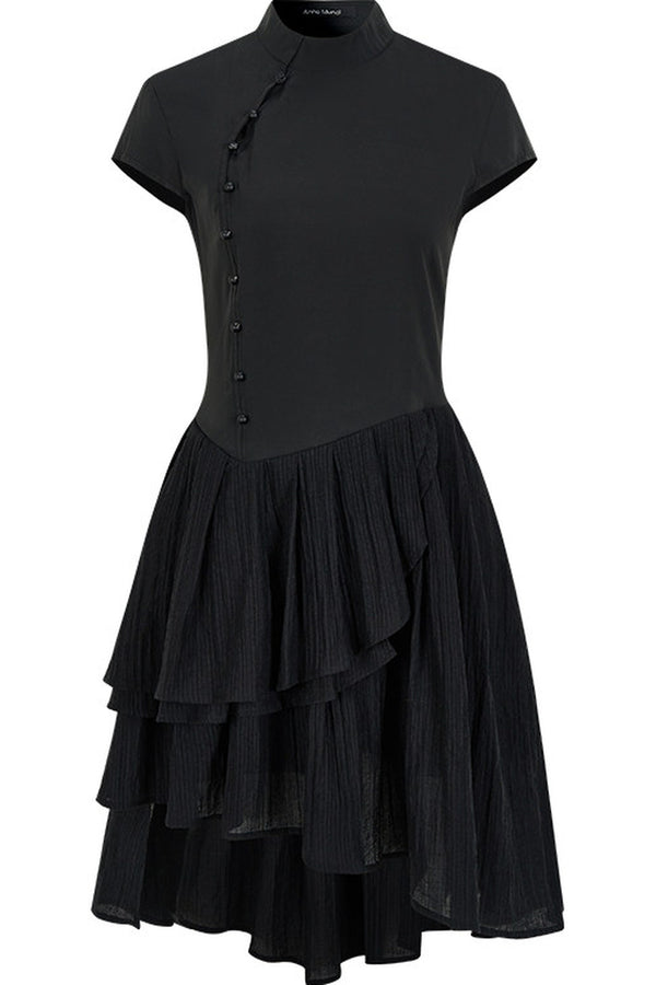 Diagonal Placket Pearl Button Irregular Hem Dress