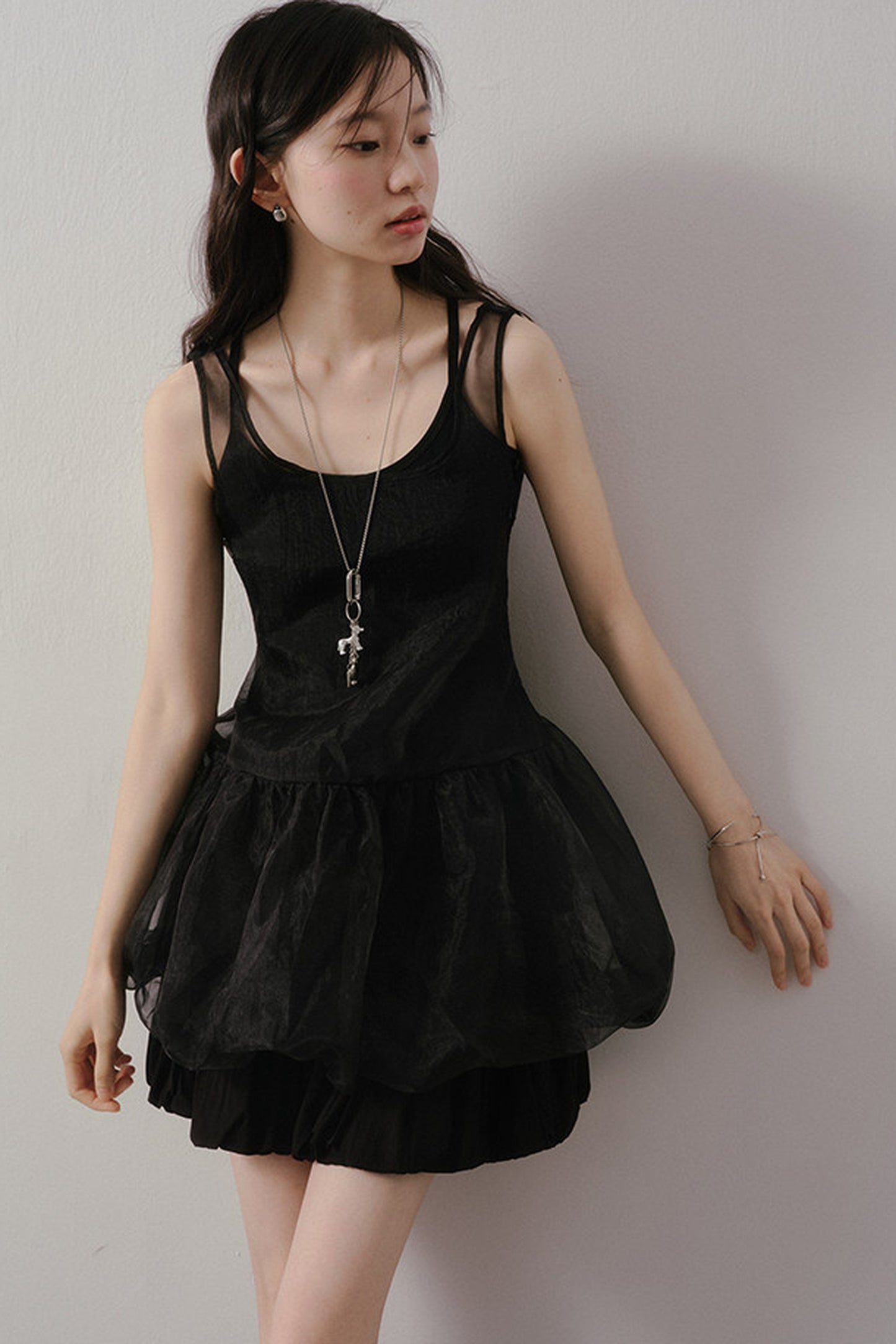 Dark Bow Mesh Blouse And Camisole Set