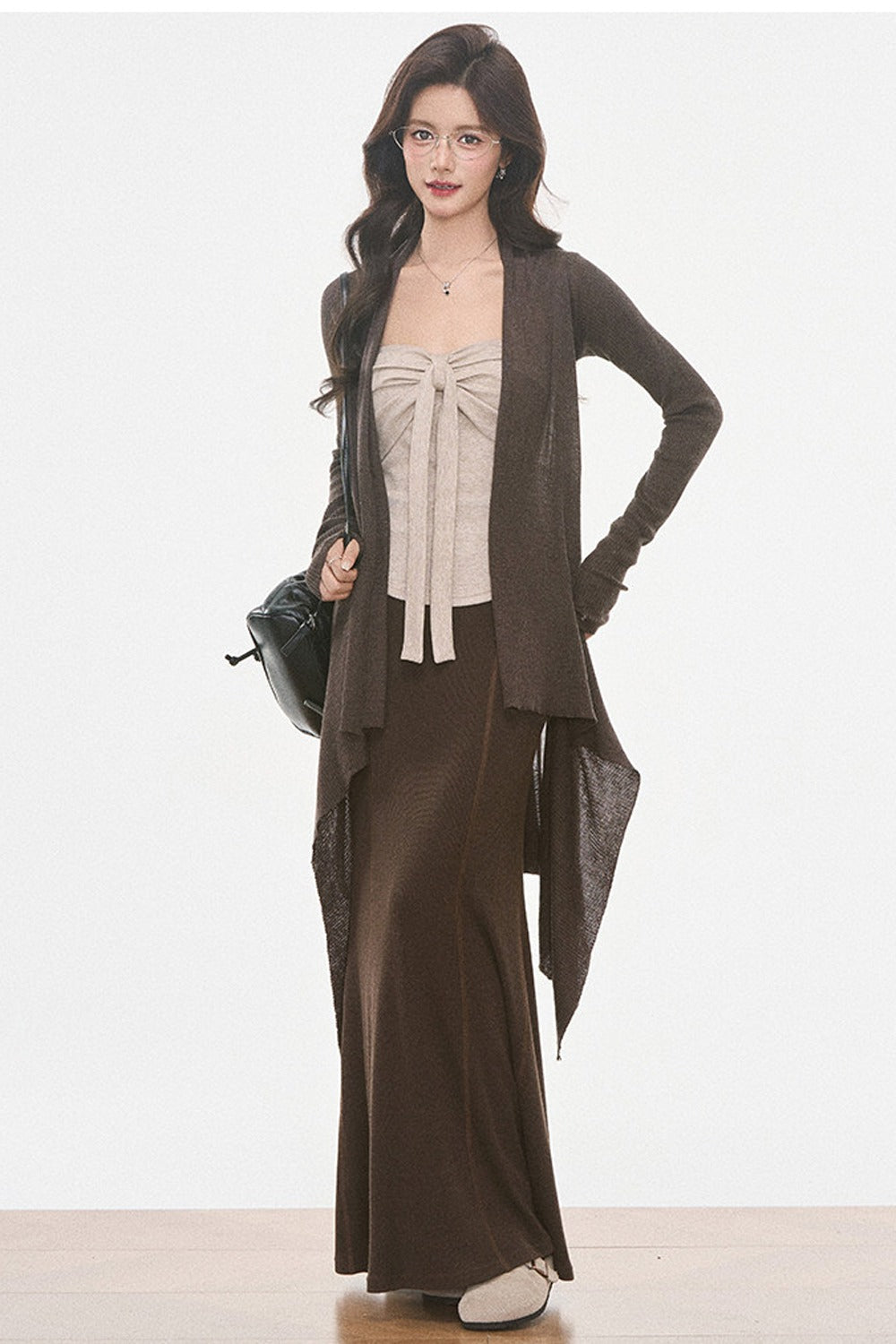 Ensemble 3 pièces en maille irrégulière avec cardigan et jupe